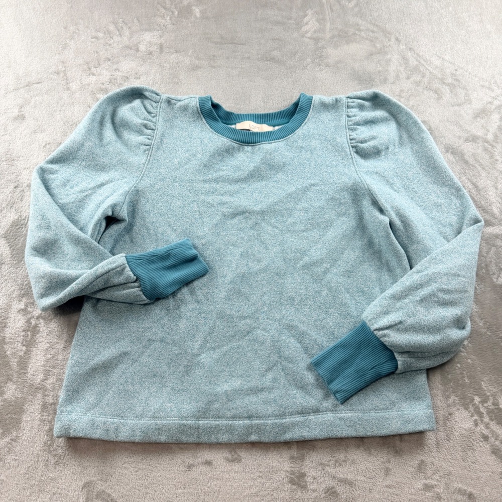 LOFT Women's Medium Blue Heathered Puff Sleeve Sweatshirt Crewneck Trim Top